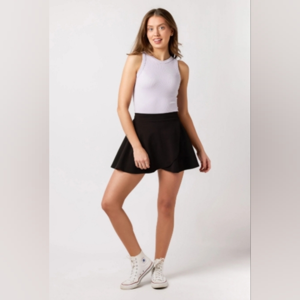 Stretch Crepe Faux-Wrap Mini Swing Skort